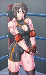 Rule 34 | 1girl, abs, black hair, breasts, ebr-kii, elbow gloves, elbow pads, gloves, highres, large breasts, muscular, muscular female, red eyes, short hair, smile, solo, thick eyebrows, thick thighs, thighs, tight clothes, wrestling outfit