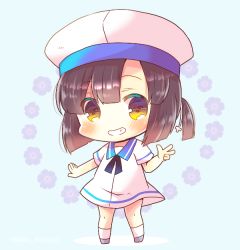 Rule 34 | 1girl, beret, blue background, blue sailor collar, blush, brown eyes, brown hair, chibi, commentary request, daitou (kancolle), dress, floral background, full body, grey footwear, grin, hand up, hat, kantai collection, kou hiyoyo, looking at viewer, one-hour drawing challenge, ponytail, sailor collar, sailor dress, shoes, short sleeves, smile, socks, solo, standing, twitter username, w, white dress, white hat, white socks
