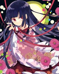 Rule 34 | 1girl, black hair, bow, bowtie, commentary, entangled, flower, frilled shirt, frilled shirt collar, frilled sleeves, frills, highres, hime cut, houraisan kaguya, light particles, long hair, long sleeves, looking at viewer, nikorashi-ka, pink flower, pink shirt, red bow, red bowtie, red eyes, red ribbon, red skirt, ribbon, shirt, skirt, solo, touhou, upper body, wide sleeves