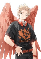 Rule 34 | 1boy, alternate costume, beard, blonde hair, blurry, blurry background, boku no hero academia, cowboy shot, deavor lover, facial hair, feathered wings, feathers, hand on own hip, hawks (boku no hero academia), highres, male focus, shirt, smile, upper body, wings, yellow eyes