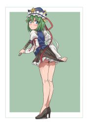 Rule 34 | 1girl, absurdres, ass, black footwear, black skirt, blue eyes, blue hat, blush, closed mouth, clothes pull, commentary, frilled hat, frills, full body, green background, green hair, gyouza (mhea5724), hat, high heels, highres, holding, juliet sleeves, long sleeves, looking at viewer, looking back, puffy sleeves, pulling own clothes, ribbon-trimmed skirt, ribbon trim, rod of remorse, shiki eiki, short hair, simple background, skirt, skirt pull, solo, standing, touhou