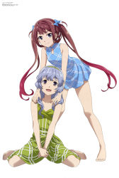 Rule 34 | 2girls, absurdres, asagumo (kancolle), barefoot, blue dress, blue eyes, blue hair, bow, brown eyes, brown hair, closed mouth, dress, feet, green dress, hair bow, hairband, hand on another&#039;s shoulder, highres, idolmaster, idolmaster cinderella girls, ishii madoka, kantai collection, long hair, megami magazine, multiple girls, official art, open mouth, scan, sidelocks, simple background, sitting, smile, standing, toes, twintails, wariza, white background, yamagumo (kancolle)