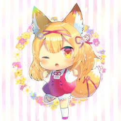 Rule 34 | 1girl, ;o, animal ear fluff, animal ears, blonde hair, blue flower, blush, brown eyes, chibi, collared shirt, dress, fang, floral background, flower, fox ears, fox girl, fox tail, full body, hair between eyes, kou hiyoyo, long hair, long sleeves, looking at viewer, one eye closed, open mouth, puffy long sleeves, puffy sleeves, purple flower, red dress, red footwear, shirt, sleeveless, sleeveless dress, solo, standing, standing on one leg, striped, striped background, tail, thighhighs, vertical stripes, vrchat, white flower, white shirt, white thighhighs, yellow flower