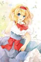 Rule 34 | 1girl, alice margatroid, blonde hair, blue dress, blue eyes, bow, capelet, dress, hairband, hand in own hair, highres, lolita hairband, looking at viewer, open mouth, puracotte, sash, smile, solo, touhou
