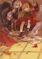 Rule 34 | 00s, 2girls, blonde hair, blue eyes, box, cup, dress, feathers, flower, gothic lolita, hairband, hands on another&#039;s face, key, lolita fashion, lolita hairband, long hair, multiple girls, petals, pink eyes, rose, rozen maiden, shinku, shrie, silver hair, suigintou, tea, teacup