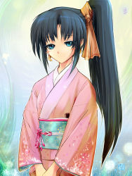 Rule 34 | 1girl, alf874, bad id, bad pixiv id, black hair, blue eyes, blush, cowboy shot, earrings, eyes visible through hair, eyeshadow, female focus, japanese clothes, jewelry, kimono, long hair, makeup, obi, original, own hands together, parted bangs, ponytail, sash, side ponytail, smile, solo