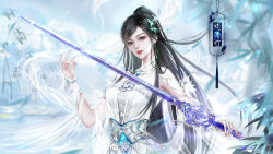 Rule 34 | 1girl, absurdres, bamboo, black hair, china dress, chinese clothes, dress, earrings, facial mark, forehead mark, hair ornament, highres, holding, holding sword, holding weapon, jewelry, jiu bai 1212, ling qingzhu (wu dong qian kun), long hair, outdoors, parted lips, ponytail, sash, second-party source, see-through, see-through sleeves, solo, sword, teeth, weapon, wu dong qian kun
