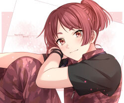 Rule 34 | 1boy, black sleeves, blunt ends, blush, bracelet, camouflage, commentary request, dated, happy birthday, highres, jewelry, knee up, looking at viewer, male focus, on air!, onoya azuki, red background, red eyes, red hair, sekina, short ponytail, short sleeves, side ponytail, smile, solo, white background
