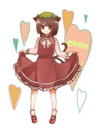 Rule 34 | 1girl, animal ears, bad id, bad pixiv id, brown eyes, brown hair, cat ears, cat tail, chen, clothes lift, hat, heart, kame, lowres, multiple tails, nekomata, skirt, skirt lift, solo, tail, touhou, two tails