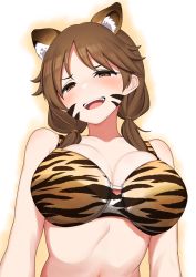 Rule 34 | 1girl, :d, animal ear fluff, animal ears, animal print, bare arms, bare shoulders, blush, bra, breasts, brown eyes, brown hair, cleavage, collarbone, commentary request, facial mark, fang, gradient background, half-closed eyes, head tilt, highres, idolmaster, idolmaster cinderella girls, katagiri sanae, large breasts, long hair, looking at viewer, low twintails, minakamirin, open mouth, print bra, smile, solo, teeth, tiger ears, tiger print, twintails, underwear, underwear only, upper body, upper teeth only, v-shaped eyebrows, white background, yellow background