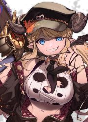 Rule 34 | blonde hair, blue eyes, breasts, chainsaw, cleavage cutout, clothing cutout, draph, feb itk, granblue fantasy, grin, dreadlocks, hallessena, hat, highres, horns, large breasts, military hat, pointy ears, saw, smile, solo