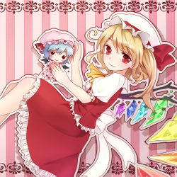 Rule 34 | &gt;:&gt;, &gt;:), 1girl, :&gt;, ascot, bad id, bad pixiv id, bat wings, blonde hair, blue hair, blush stickers, character doll, crystal, flandre scarlet, hat, highres, holding, looking at viewer, outline, red eyes, remilia scarlet, shironeko yuuki, short hair, skirt, skirt set, smile, solo, striped, striped background, touhou, v-shaped eyebrows, vertical stripes, wings