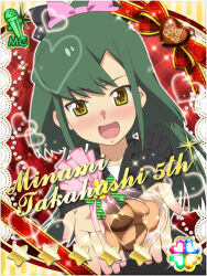 1girl :d akb0048 asymmetrical_hair black_sweater blush bow candy card_(medium) character_name chocolate chocolate_heart cookie copyright_name dutch_angle food green_eyes green_hair hair_bow heart heart-shaped_food holding holding_cookie holding_food incoming_food long_hair long_sleeves looking_at_viewer non-web_source official_art open_mouth pink_bow plaid_background red_background smile solo sparkle star_(symbol) sweater takahashi_minami_(akb0048) upper_body v-shaped_eyebrows white_undershirt