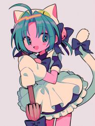 Rule 34 | 1girl, :d, ahoge, animal ears, animal hands, animal hat, apron, aqua eyes, aqua hair, artist name, bell, blue bow, blue dress, blush stickers, bow, bright pupils, broom, cat ears, cat hat, cat tail, chromatic aberration, colored skin, commentary, dejiko, di gi charat, dress, eyes visible through hair, fake animal ears, film grain, frilled dress, frills, gloves, green hair, grey background, hair bell, hair bow, hair ornament, halftone, hat, highres, holding, holding broom, jingle bell, looking at viewer, maid apron, menma (enaic31), mittens, open mouth, paw gloves, paw shoes, pink skin, puffy short sleeves, puffy sleeves, short hair, short sleeves, sideways glance, simple background, smile, solo, standing, tail, tail bow, tail ornament, twitter username, white apron, white mittens, white pupils