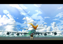 Rule 34 | 1girl, aircraft, airplane, bad id, bad pixiv id, cloud, day, female focus, flag, from behind, green hair, hatsune miku, haz first music, highres, letterboxed, long hair, outdoors, skirt, sky, solo, twintails, very long hair, vocaloid