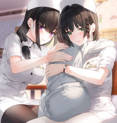 Rule 34 | 1boy, 2girls, age difference, ass, bed, black hair, black legwear, blurry, blurry background, blush, braid, breasts, brown hair, child, commentary request, dress, green eyes, hair behind ear, hair intakes, hat, highres, hug, id card, indoors, kfr, large breasts, multiple girls, nurse, nurse cap, on bed, original, pantyhose, ponytail, purple eyes, scrunchie, short dress, short sleeves, side braid, sitting, sitting on lap, sitting on person, smile, wall, watch, white dress, white headwear, white legwear, white scrunchie, wristwatch