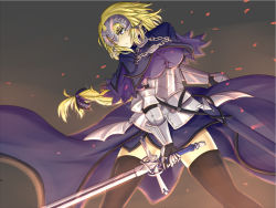 Rule 34 | 1girl, akashiro sen, androgynous, armor, armored dress, black thighhighs, blonde hair, blue dress, blue eyes, braid, breasts, dress, fate/apocrypha, fate (series), gauntlets, headpiece, holding, holding sword, holding weapon, jeanne d&#039;arc (fate), jeanne d&#039;arc (ruler) (fate), large breasts, legs, long hair, long sleeves, short hair, single braid, solo, standing, sword, thighhighs, thighs, weapon
