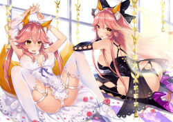Rule 34 | 2girls, animal ears, ass, ass cutout, blush, breasts, bride, butt crack, cleavage, clothing cutout, dual persona, fang, fate (series), fox ears, fox tail, heart cutout, large breasts, long hair, looking at viewer, looking back, multiple girls, nipples, open mouth, pink hair, saliva, see-through, spread legs, tail, tamamo (fate), tamamo no mae (fate/extra), yellow eyes