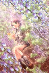 Rule 34 | 1girl, boots, brown hair, cross-laced footwear, fantasy, flower, leaf, nature, plant, smile, solo, star (symbol)