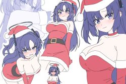 1girl angry arms_behind_back belt bent_over black_belt blue_archive blush breasts cleavage dress elbow_gloves embarrassed fur_trim gloves hair_between_eyes hat kutsusama large_breasts long_hair looking_at_viewer purple_eyes purple_hair red_dress red_gloves red_hat santa_costume santa_dress santa_hat sidelocks two_side_up yuuka_(blue_archive)