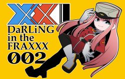 Rule 34 | 10s, 1girl, bad id, bad pixiv id, black footwear, boots, bright pupils, character name, copyright name, darling in the franxx, gloves, green eyes, hat, highres, long hair, military hat, outline, pantyhose, pink hair, simple background, smile, solo, white gloves, white outline, yellow background, zero two (darling in the franxx)