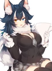 Rule 34 | 10s, 1girl, :3, :d, animal ear fluff, animal ears, bad id, bad pixiv id, between breasts, black hair, blue eyes, blush, breasts, cowboy shot, gloves, grey skirt, grey wolf (kemono friends), hair flaps, hands up, heterochromia, holding, holding paper, holding pencil, kemono friends, large breasts, multicolored hair, necktie, necktie between breasts, open mouth, paper, pencil, plaid, plaid necktie, plaid neckwear, plaid skirt, pokoten (pokoten718), sitting, skirt, smile, solo, thighhighs, two-tone hair, white gloves, white hair, yellow eyes