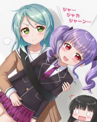 Rule 34 | 3girls, puff of air, ^^^, bang dream!, black hair, blazer, blunt bangs, blush, carrying, chibi, chibi inset, collarbone, commentary request, drill hair, embarrassed, fang, green eyes, hanasakigawa school uniform, haneoka school uniform, highres, hikawa sayo, hime cut, human guitar, jacket, light green hair, lilium443, long hair, multiple girls, necktie, o o, open mouth, parted bangs, plaid, plaid neckwear, plaid skirt, purple hair, red eyes, sailor collar, school uniform, shadow, shirokane rinko, simple background, skirt, smile, smug, strap, surprised, translation request, twin drills, twintails, udagawa ako, unconventional guitar, wavy mouth