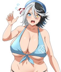 Rule 34 | 1girl, 2022, annoyed, bad id, bad pixiv id, beret, bikini, black bikini, black hair, blue eyes, blush, breasts, cleavage, collarbone, fat rolls, front-tie bikini top, front-tie top, groin, hair between eyes, hand up, hat, heterochromia, highres, huge breasts, index finger raised, medium hair, mismatched bikini, multicolored hair, open hand, open mouth, original, plump, pure pare, red ribbon, ribbon, simple background, skindentation, solo, spiked hair, surprised, sweatdrop, swimsuit, teeth, two-tone hair, upper teeth only, white background, white hair, yellow eyes