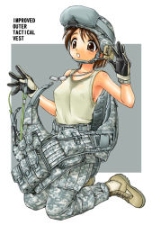 Rule 34 | 1girl, armor, armpits, bare shoulders, boots, camouflage, dog tags, ebifly, fatigues, gloves, goggles, helmet, load bearing vest, military, military uniform, original, solo, tactical vest, tank top, undressing, uniform, united states army, vest