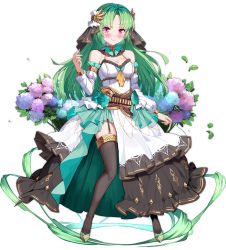 Rule 34 | 1girl, aqua flower, ark order, belt, black thighhighs, blue flower, blush, breasts, brown belt, brown sash, chain, detached sleeves, dress, dress flower, flower, full body, garter straps, gold chain, gold trim, green hair, hair ornament, holding, holding string, hydrangea, lachesis (ark order), leaf, long hair, long sleeves, looking at viewer, official art, parted bangs, pink eyes, puffy long sleeves, puffy sleeves, purple flower, shoes, smile, solo, string, tachi-e, thighhighs, transparent background, white dress