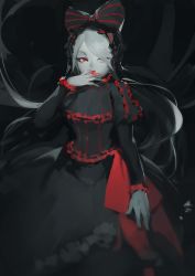 Rule 34 | 1girl, 3four, blood, bow, breasts, dress, frilled dress, frills, gothic lolita, hair bow, hair over one eye, lolita fashion, long dress, long hair, overlord (maruyama), pale skin, red eyes, shalltear bloodfallen, silver hair, solo, striped, vampire, vertical stripes
