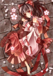 Rule 34 | 1girl, barefoot, bow, brown hair, detached sleeves, female focus, hair bow, hakurei reimu, japanese clothes, lying, mikan (bananoha), miko, on floor, on side, red eyes, short hair, solo, touhou, water