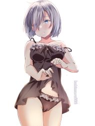 Rule 34 | 1girl, black dress, black panties, blue eyes, breasts, clothes lift, commentary request, cowboy shot, dress, dress lift, frilled panties, frills, hair ornament, hair over one eye, hairclip, hamakaze (kancolle), highres, kantai collection, kukimaru, looking at viewer, medium breasts, one-hour drawing challenge, panties, short hair, silver hair, simple background, solo, twitter username, underwear, white background
