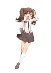 Rule 34 | 1girl, absurdres, brown eyes, brown footwear, brown hair, brown skirt, collared shirt, dress shirt, full body, highres, kantai collection, loafers, long hair, magatama, open mouth, pleated skirt, ryuujou (kancolle), shirt, shoes, simple background, skirt, smile, socks, solo, suspenders, twintails, white background, white shirt, white socks, yashin (yasinz)