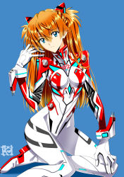 Rule 34 | 1girl, alternate color, blue background, blue eyes, bodysuit, breasts, evangelion: 3.0+1.0 thrice upon a time, hair between eyes, head rest, highres, interface headset, long hair, looking at viewer, multicolored bodysuit, multicolored clothes, neon genesis evangelion, orange hair, plugsuit, rebuild of evangelion, simple background, sitting, skin tight, small breasts, solo, souryuu asuka langley, standing, twintails, two side up, very long hair, white bodysuit, yamayoshi