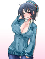 Rule 34 | 10s, 1girl, beret, black hair, blush, breasts, casual, cleavage, denim, hat, highres, inaba (alice1999), jeans, kantai collection, large breasts, lips, open mouth, pants, personification, red eyes, ribbed sweater, short hair, smile, solo, sweater, takao (kancolle)