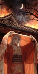 Rule 34 | 1girl, absurdres, architecture, bed sheet, black nails, blanket, bow, burning, burning building, choker, commentary request, crescent moon, earrings, east asian architecture, fire, floral print, flower, furisode, fusuma, grey eyes, hair flower, hair ornament, highres, house, huge filesize, japanese clothes, jewelry, kanzashi, kimono, lifting covers, lips, long hair, long sleeves, looking at viewer, moon, nail polish, night, night sky, obi, orange sky, original, outdoors, outstretched arms, realistic, ribbon choker, robe, sash, sky, sliding doors, smoke, solo, standing, tassel, tree, triangle earrings, under covers, upper body, usukuchi (impasto life), white hair, wide sleeves