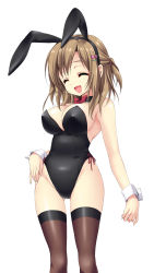 Rule 34 | 1girl, animal ears, bare arms, bare shoulders, bow, bowtie, breasts, brown hair, rabbit ears, playboy bunny, choker, cleavage, detached collar, closed eyes, fake animal ears, female focus, hair ornament, half updo, highres, large breasts, leotard, open mouth, original, sabotencc, short hair, smile, solo, standing, thighhighs, wrist cuffs