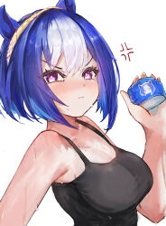 Rule 34 | 1girl, absurdres, alternate costume, anger vein, animal ears, armpits, bare shoulders, black sports bra, blue hair, blush, braid, breasts, cesario (umamusume), cleavage, closed mouth, commentary request, crown braid, ear ornament, highres, horse ears, horse girl, looking at viewer, medium breasts, multicolored hair, purple eyes, short hair, simple background, solo, sports bra, streaked hair, umamusume, upper body, v-shaped eyebrows, white background, white hair, x 1031 xter