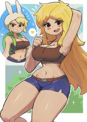 Rule 34 | 1girl, absurdres, adventure time, adventure time:fionna and cake, animal hat, arm behind head, arm up, backpack, bag, belt, black eyes, blonde hair, blue shorts, blush, breasts, brown belt, brown shirt, bush, cartoon network, cleavage, collarbone, denim, denim shorts, fionna the human girl, grin, hand on own hip, hat, heart, highres, large breasts, long hair, looking at viewer, midriff, navel, open mouth, rabbit hat, shirt, shorts, sky, smile, sparkle, spoken heart, standing, tank top, teeth, tony welt, white headwear