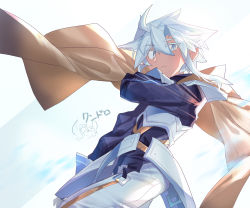 Rule 34 | 1boy, ahoge, armor, bad id, bad pixiv id, blue eyes, blue hair, bright pupils, brown cape, cape, closed mouth, faulds, highres, long sleeves, looking at viewer, male focus, pants, shichigatsu, slit pupils, solo, standing, white pants, white pupils