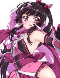 Rule 34 | 1girl, armor, armpits, black hair, blunt bangs, breasts, covered erect nipples, elbow gloves, gloves, headgear, highres, japanese clothes, long hair, looking at viewer, niko (tama), open mouth, pink eyes, ribs, scarf, senki zesshou symphogear, shiny skin, simple background, small breasts, solo, sweat, tsukuyomi shirabe, twintails, white background