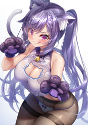 Rule 34 | 1girl, :q, animal ear fluff, animal ears, animal hands, bare shoulders, bell, black pantyhose, blush, braid, breasts, cat cutout, cat ears, cat girl, cat tail, cleavage, cleavage cutout, closed mouth, clothing cutout, commentary request, cowboy shot, crop top, diamond-shaped pupils, diamond (shape), eyes visible through hair, genshin impact, gloves, hands up, highres, jingle bell, kemonomimi mode, keqing (genshin impact), large breasts, long hair, looking at viewer, midriff, neck bell, panties, panties under pantyhose, pantyhose, paw gloves, purple eyes, purple hair, purple panties, simple background, smile, solo, standing, symbol-shaped pupils, tail, tail raised, tenton (henatyo), tongue, tongue out, twintails, underwear, very long hair, white background
