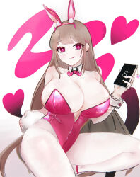Rule 34 | 1girl, :q, animal ears, bare shoulders, blush, bow, bowtie, breasts, cellphone, cleavage, closed mouth, detached collar, fake animal ears, fake tail, goddess of victory: nikke, heart, heart-shaped pupils, highleg, highleg leotard, highres, holding, holding phone, horns, large breasts, leotard, light brown hair, long hair, looking at viewer, official alternate costume, pantyhose, phone, pink bow, pink bowtie, pink eyes, pink horns, pink leotard, playboy bunny, rabbit ears, rabbit tail, sidelocks, smartphone, solo, strapless, strapless leotard, symbol-shaped pupils, tail, tongue, tongue out, usagi(sau), very long hair, viper (nikke), viper (toxic rabbit) (nikke), white pantyhose, wrist cuffs