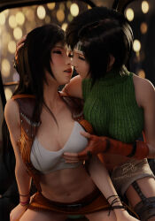 2girls 3d abs alternate_costume bad_tag billyhhyb black_hair blush breasts brown_eyes brown_hair cowgirl cowgirl_outfit female_focus female_pervert female_sub final_fantasy final_fantasy_vii final_fantasy_vii_remake grabbing grabbing_another&#039;s_breast headband holding_head imminent_kiss kiss long_hair medium_breasts medium_hair midriff miniskirt multiple_girls navel panties pantyshot pervert presenting red_eyes sexually_suggestive short_hair shorts skirt submission tagme tifa_lockhart underwear vest yuffie_kisaragi yuri