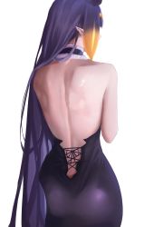 Rule 34 | 1girl, absurdres, ass, back, back focus, backless dress, backless outfit, black dress, dress, from behind, highres, hololive, hololive english, long hair, looking to the side, multicolored hair, ninomae ina&#039;nis, pointy ears, purple hair, simple background, spicyyrum, tentacle hair, very long hair, virtual youtuber, white background
