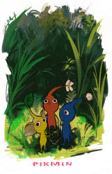 Rule 34 | aoki (fumomo), black eyes, blue skin, character name, colored skin, copyright name, d:, flower, grass, leaf, looking at viewer, looking up, nintendo, no humans, no mouth, open mouth, pikmin (creature), pikmin (series), pikmin 1, red skin, sketch, yellow skin