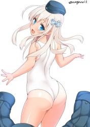 Rule 34 | 1girl, asaga aoi, ass, bare shoulders, blue eyes, blush, bow, breasts, commentary request, garrison cap, hair between eyes, hair bow, hat, jacket, unworn jacket, kantai collection, long hair, looking at viewer, looking back, one-piece swimsuit, open mouth, simple background, smile, solo, standing, swimsuit, tan, tanline, u-511 (kancolle), white background, white hair, white one-piece swimsuit