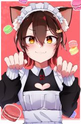 Rule 34 | 1girl, absurdres, alternate costume, animal ears, apron, blush, bow, breasts, brown eyes, brown hair, cat ears, cat hair ornament, cleavage, cleavage cutout, clothing cutout, enmaided, fang, fang out, food, gradient hair, hair ornament, highres, hololive, huge filesize, iutoki., kemonomimi mode, macaron, maid, maid apron, maid headdress, multicolored hair, paw pose, red bow, red hair, roboco-san, short hair, skin fang, solo, v-shaped eyebrows, virtual youtuber, whiskers