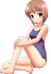 Rule 34 | 1girl, bad id, bad pixiv id, barefoot, blush, breasts, brown eyes, brown hair, competition school swimsuit, feet, full body, highres, ki (kk-sk-ray), looking at viewer, medium breasts, one-piece swimsuit, original, school swimsuit, short hair, simple background, sitting, smile, solo, swimsuit, white background